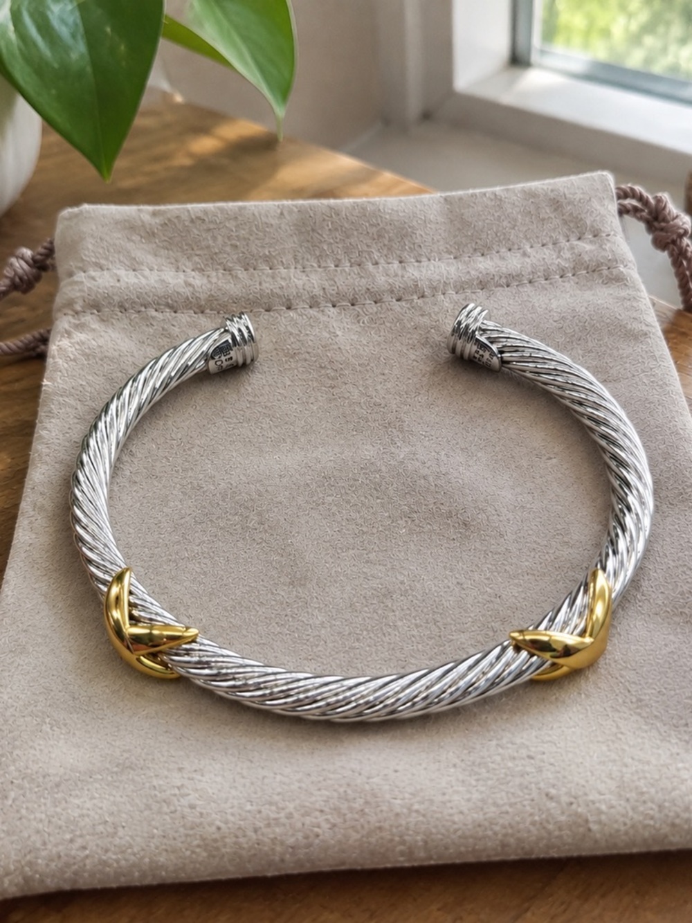 Silver-Tone Twisted Cable Cuff Bracelet with Gold Accents - Men